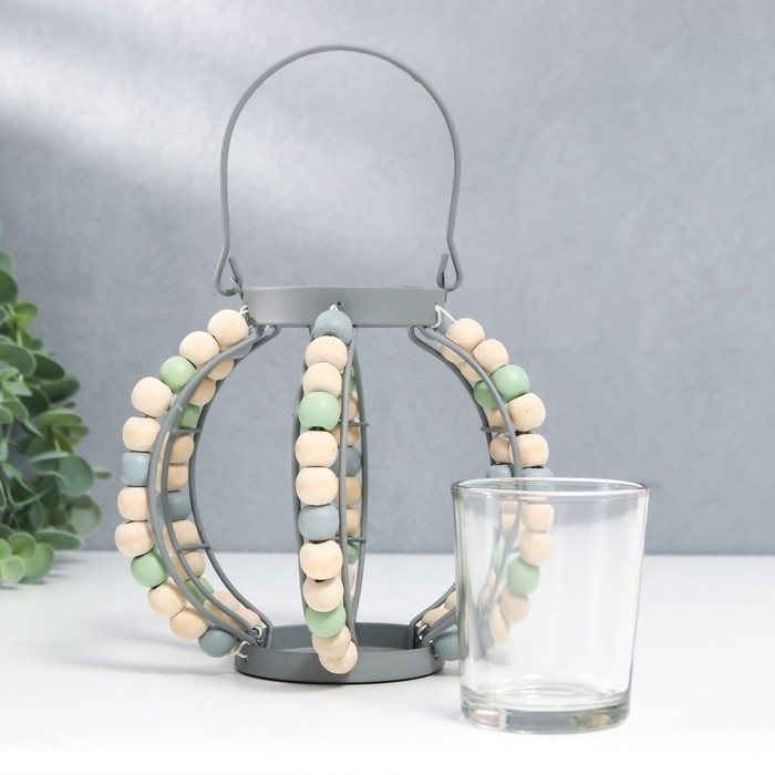 Подсвечник металл, стекло на 1 свечу "Фонарь. Бохо" серый 19х15,5х13 см