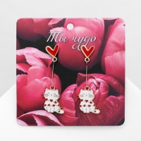 Серьги эмаль &laquo;Котики&raquo; любовь, сердечки, цвет бело-красный в золоте