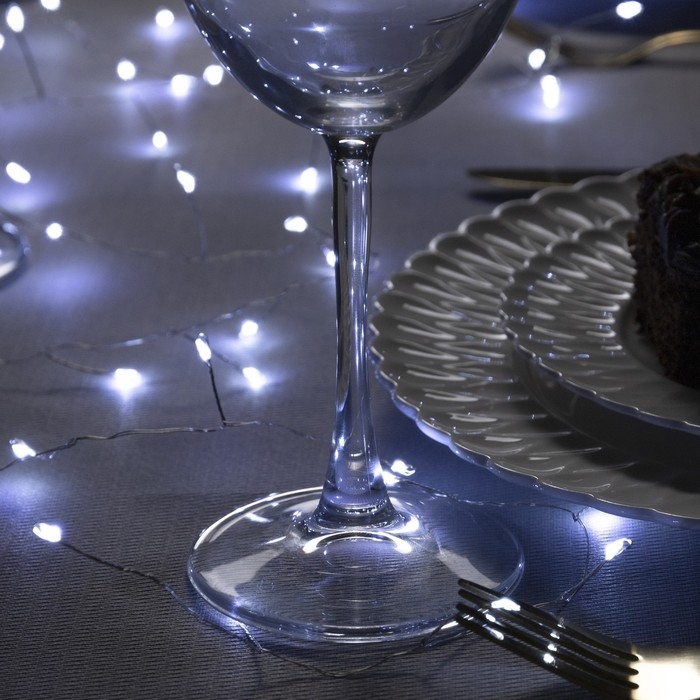 Гирлянда &laquo;Мишура&raquo; 2 м роса, IP20, серебристая нить, 50 LED, батарейки CR2032х2 (в комплекте), свечение белое