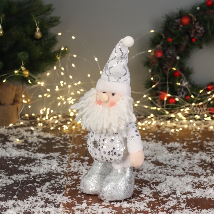 Мягкая игрушка Мягкая игрушка "Дед Мороз в блестящем колпаке" 36х19 см, серебристо-белый