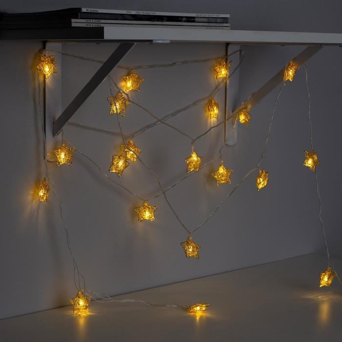 Гирлянда &laquo;Нить&raquo; 4 м с насадками &laquo;Звезда проволока&raquo;, IP20, прозрачная нить, 20 LED, свечение тёплое белое, 8 режимов, 220 В