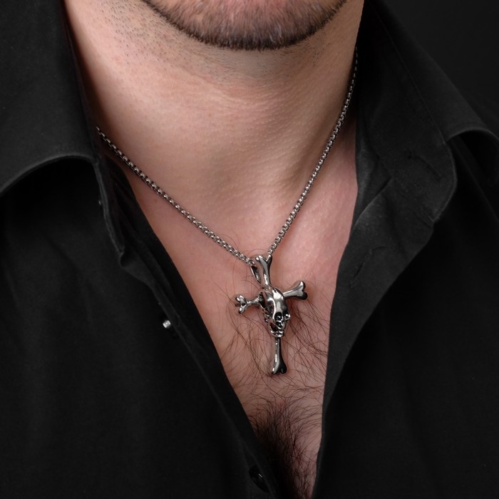 Кулон унисекс &laquo;Крестик&raquo; с черепом, цвет чернёное серебро, 60 см