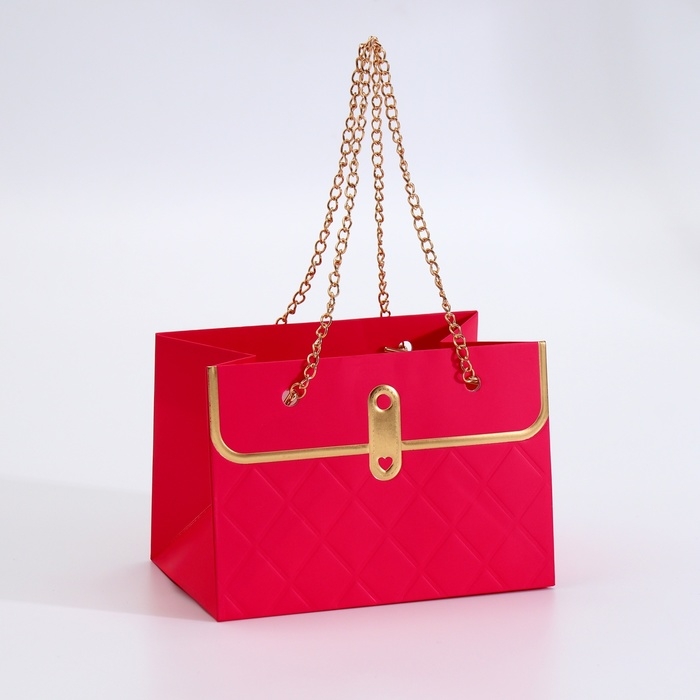 Пакет для цветов, ручка цепь, Пакет для цветов, ручка цепь, "Малиновый", с золотым тиснением, 15 х 10,5 х 10 см