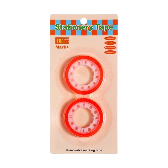 Набор 2 штуки, клейкая лента текстовыделительная (отклеиваемая) 75мм х 10м, оранжевый флуоресцентный