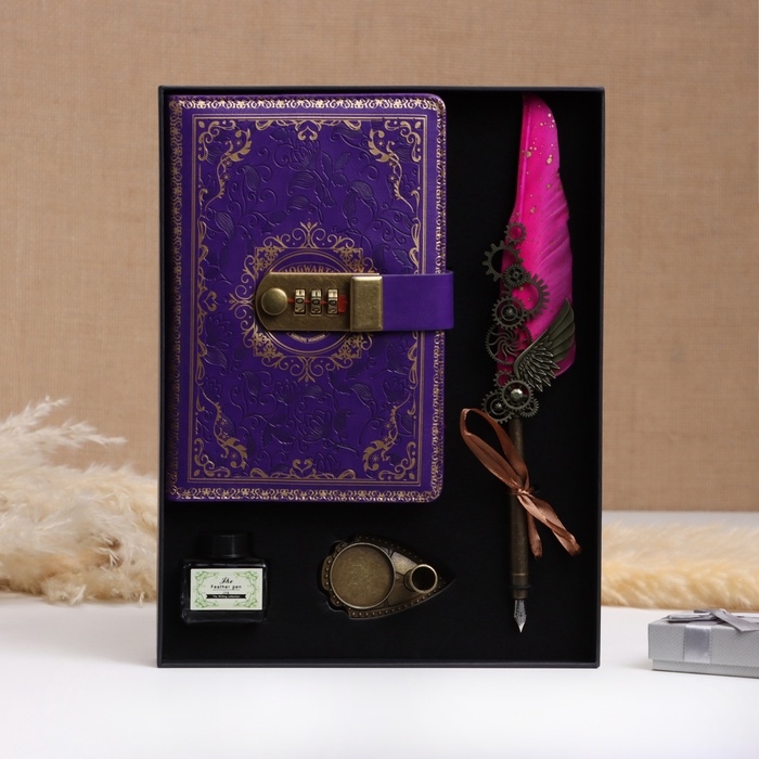 Набор подарочный 4в1 "Стимпанк": блокнот, перьевая ручка фиолетовая, чернила, наконечники