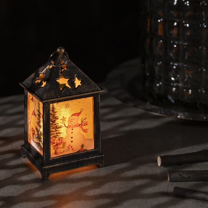 Светодиодная фигура &laquo;Фонарь со снеговиком&raquo; 6 &times; 13 &times; 6 см, пластик, батарейки AG13х3 (в комплекте), свечение тёплое белое