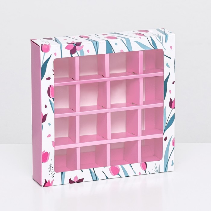 Коробка для 16 конфет , "Тюльпаны" 17,7 х 17,7 х 3,8 см. Кондитерская упаковка