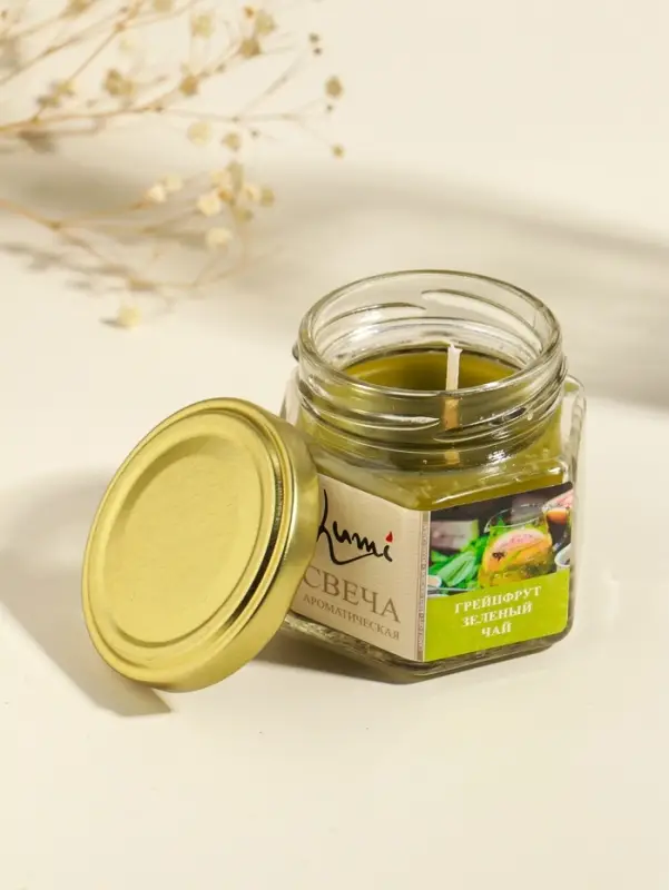 Свеча ароматическая в банке 70 гр воска, грейпфрут+зелёный чай