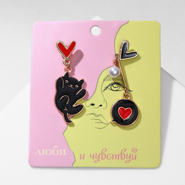 Серьги с эмалью &laquo;Котик&raquo; с сердечками, цвет чёрно-красный в золоте