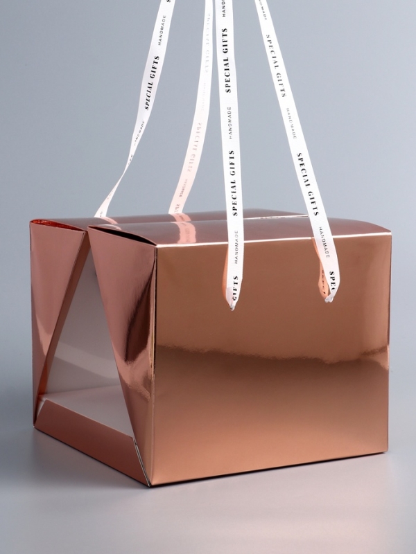 Коробка под бенто-торт с ленточками, ,розовое-золото  , 25 х 25 х 20 см