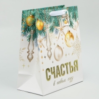 Пакет подарочный новогодний ламинированный вертикальный, конгревное тиснение «Счастья в Новом году», ML 23 х 27 х 11.5 см, Новый год Пакет подарочный новогодний ламинированный вертикальный, конгревное тиснение «Счастья в Новом году», ML 23 х 27 х 11.5 см, Новый год