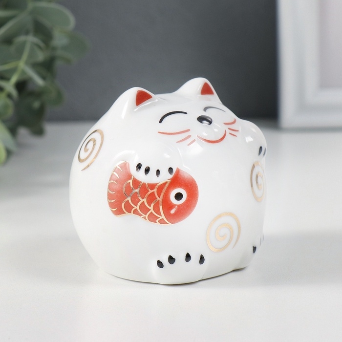 Копилка керамика Копилка керамика "Кот Манэки-нэко с рыбкой круглый с узорами" 7х7х6,8 см