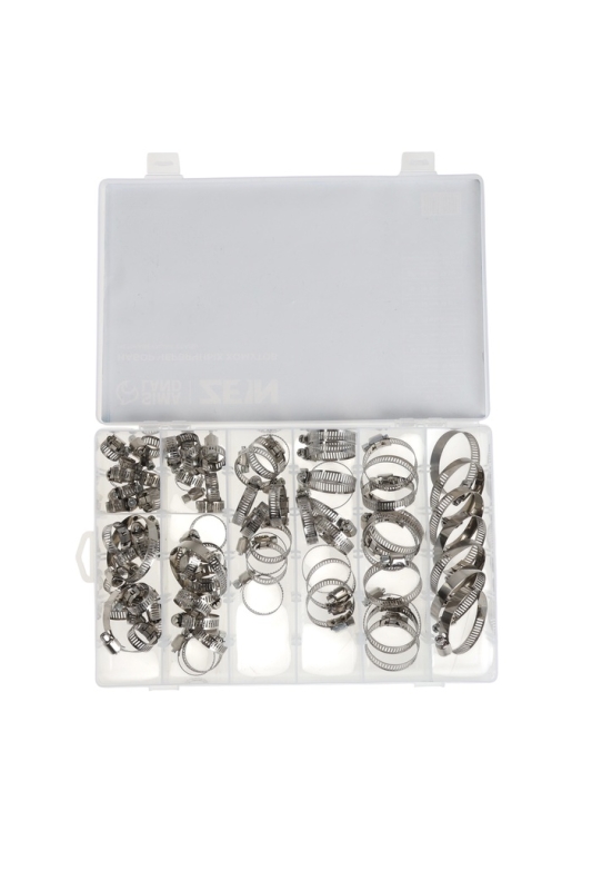 Набор червячных хомутов ZEIN engr, сквозная просечка, от 6 до 44 мм, нерж. сталь, 80 шт