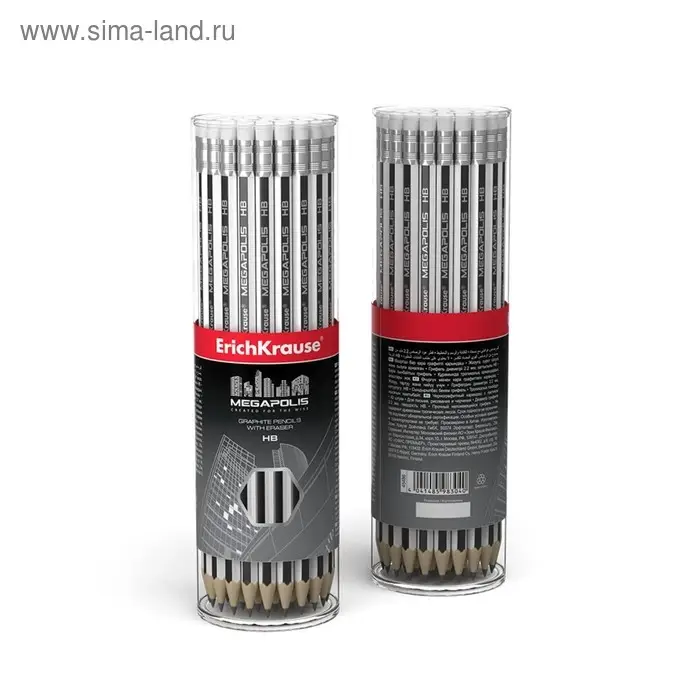 Карандаш чернографитный с ластиком Erich Krause "Megapolis", HB, грифель d=2.2 мм, дерево, шестигранный в тубусе, чёрный корпус