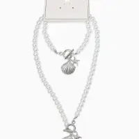 Набор 2 пред-та: бусы.браслет "Жемчуг", ракушка вонголе, цвет белый в серебре L=18/42см №8   1093654