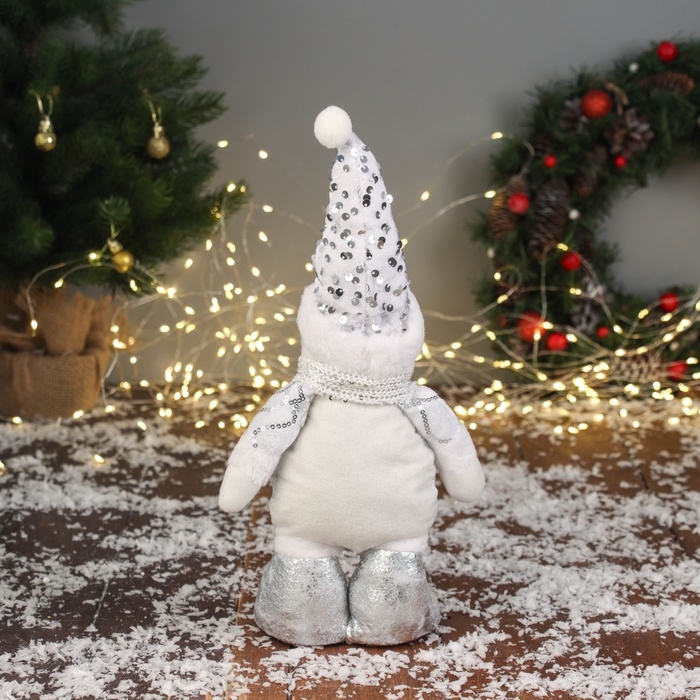 Мягкая игрушка Мягкая игрушка "Снеговик в блестящем колпаке" 38х19 см, серебристо-белый