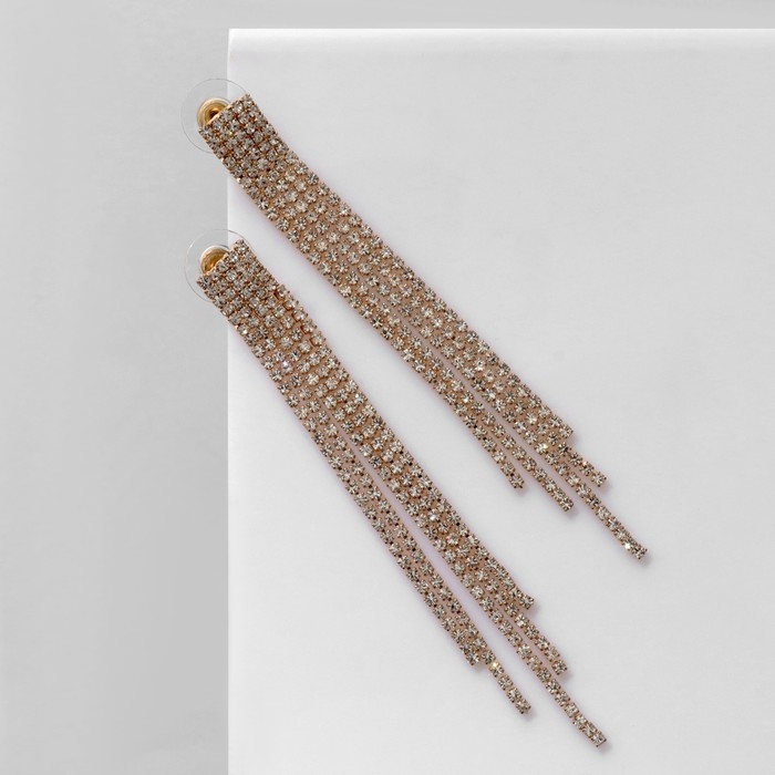 Серьги висячие со стразами &laquo;Водопад&raquo; на прямоугольнике, цвет белый в золоте, 11,5 см