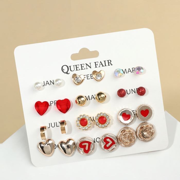 Пусеты 12 пар &laquo;Фантазия&raquo; сердечки, цвет красно-белый