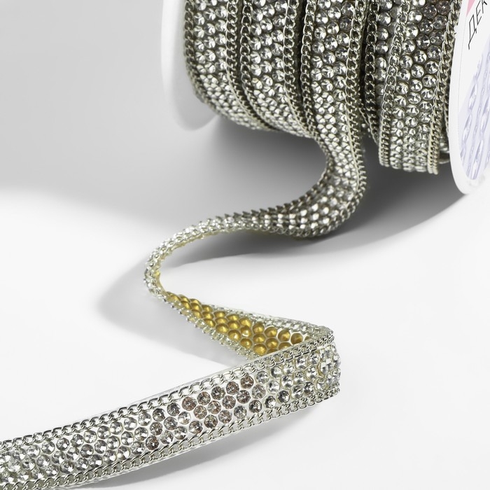 Стразы и цепочка термоклеевые, ширина - 9 мм, 4,5 &plusmn; 0,5 м, цвет серебряный