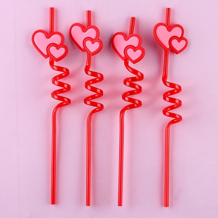 Трубочки для коктейля пластиковые &laquo;Сердца&raquo;, в наборе 4 штуки
