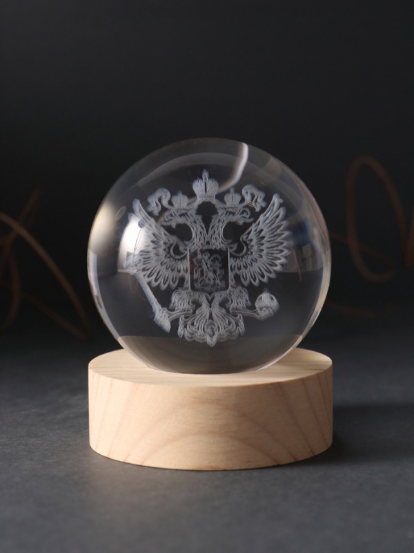 Сувенир стекло подсветка "Шар. Герб" d=6 см подставка дерево, USB