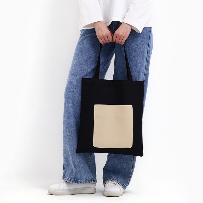 Шопер NAZAMOK, карман кожзам, цвет чёрный, бежевый, 40х35 см Шопер NAZAMOK, карман кожзам, цвет чёрный, бежевый, 40х35 см