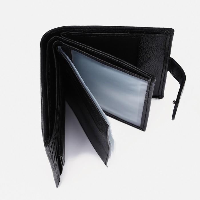 Портмоне мужское на кнопке, 3 в 1, для автодокументов, паспорта, карт, купюр, цвет чёрный