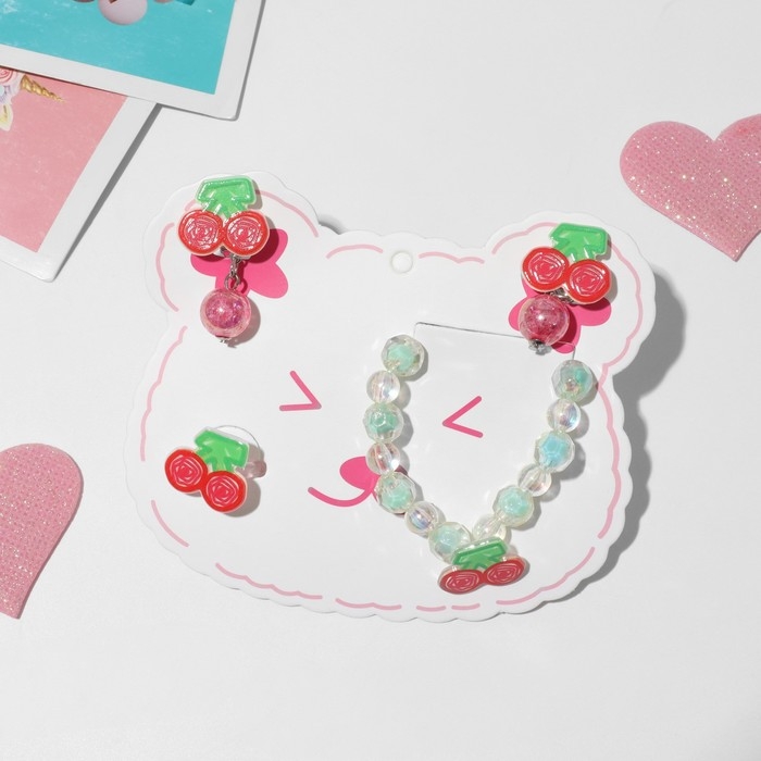 Набор детский «Выбражулька» 3 предмета: клипсы, браслет, кольцо, вишенки, цветной Набор детский «Выбражулька» 3 предмета: клипсы, браслет, кольцо, вишенки, цветной