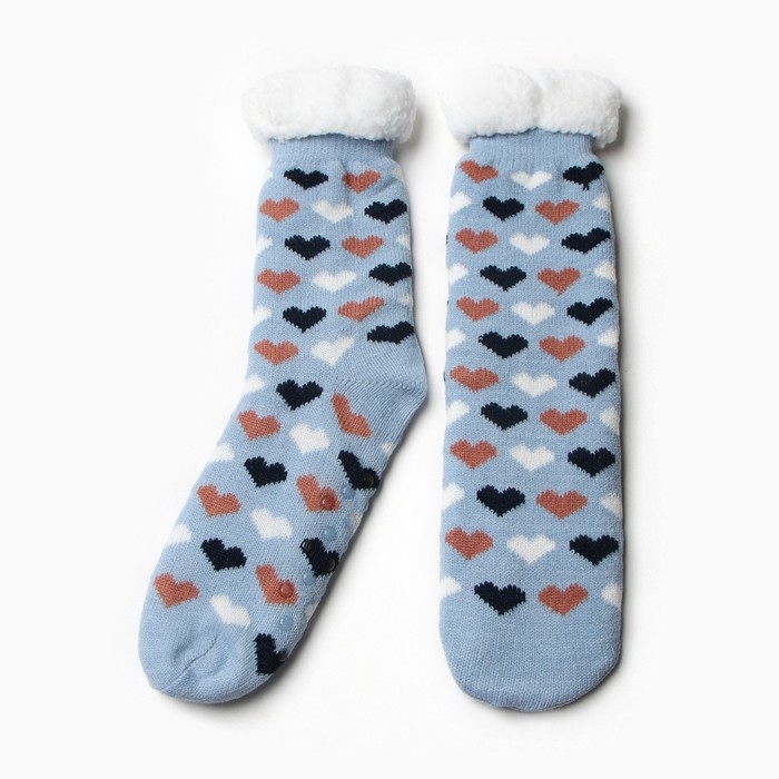 Носки женские с мехом "Сердечки", цвет голубой, размер 36-40