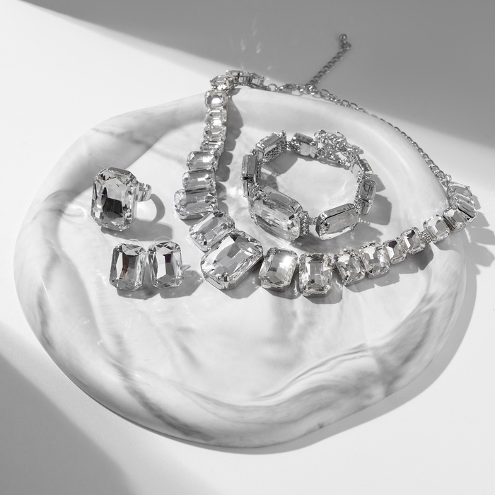 Набор 4 предмета: серьги, колье, браслет, кольцо &laquo;Вечерний&raquo; объём, белый в серебре