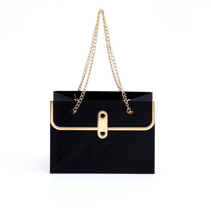 Пакет для цветов, ручка цепь, Пакет для цветов, ручка цепь, "Чёрный", с золотым тиснением, 15 х 10,5 х 10 см