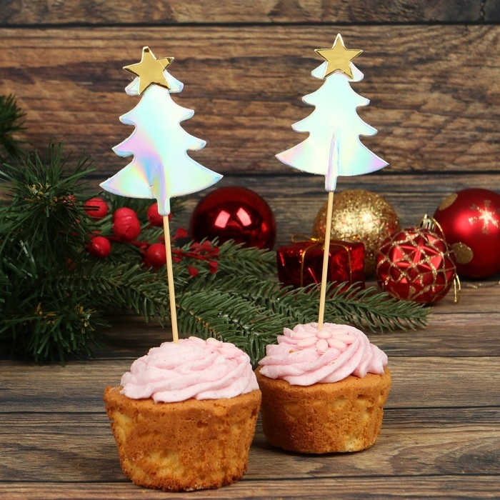 Шпажки &laquo;Ёлочка со звездой&raquo;, набор 5 шт., цвет перламутровый