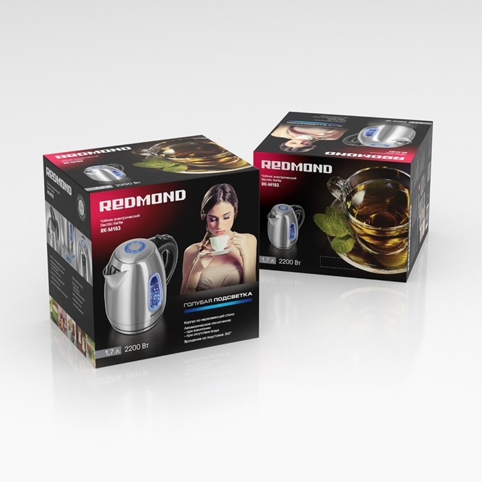 Чайник электрический Redmond RK-M183, металл, 1.7 л, 2200 Вт, подсветка, серебристый