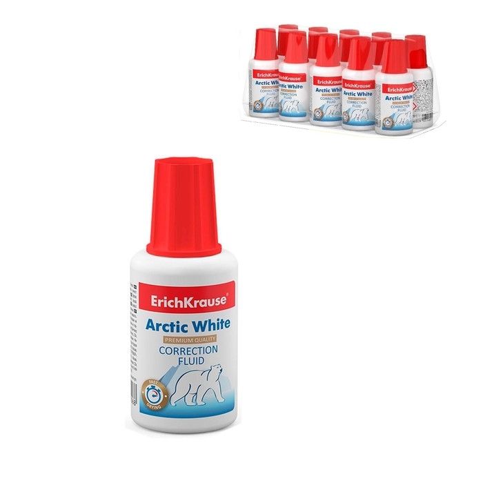 Корректирующая жидкость 20 мл, ErichKrause Arctic White, быстросохнущая, повышенной белизны, на основе растворителя, с кисточкой