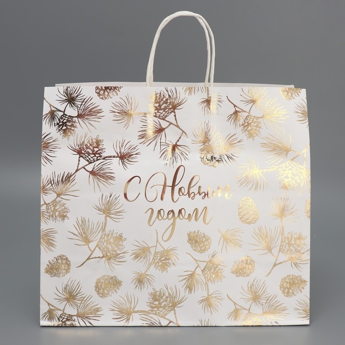 Пакет подарочный новогодний крафтовый Gold, 32 х 28 х 15 см, Новый год