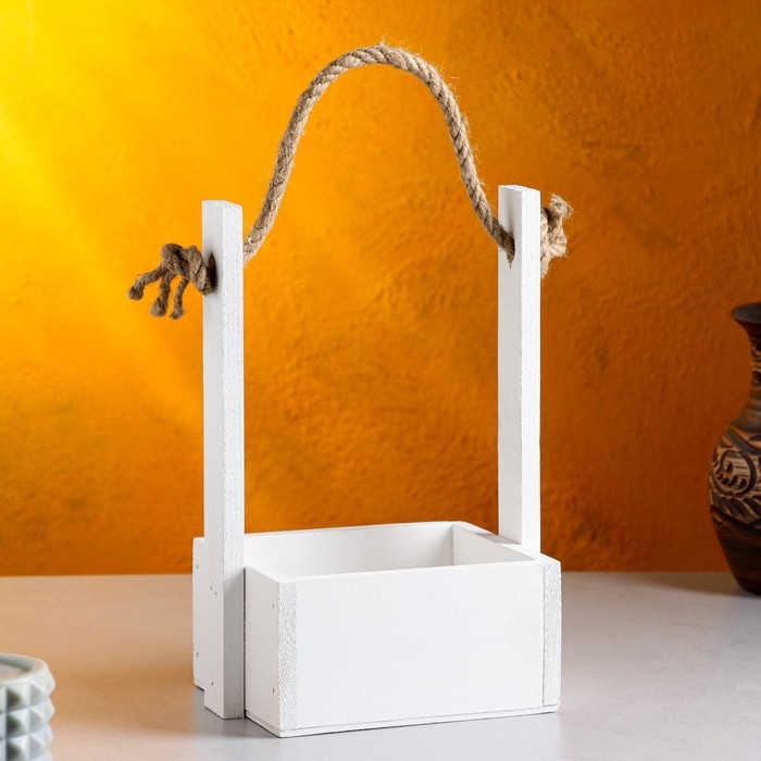 Кашпо деревянное 15&times;12&times;25 см "Ажур", прямоугольное, ручка верёвка, белый Дарим Красиво