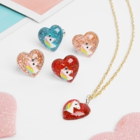 Набор детский &laquo;Выбражулька&raquo; 5 предметов: кулон, 4 кольца, единороги в сердечках, цвет МИКС