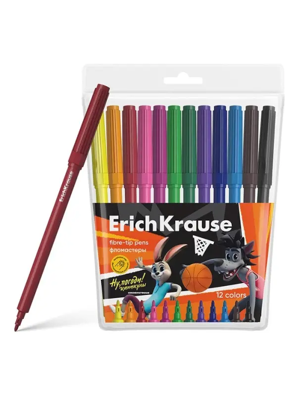 Фломастеры ErichKrause &laquo;Ну, Погоди! Каникулы&raquo;, 12 цветов, на водной основе, яркие цвета, вентилируемый колпачок