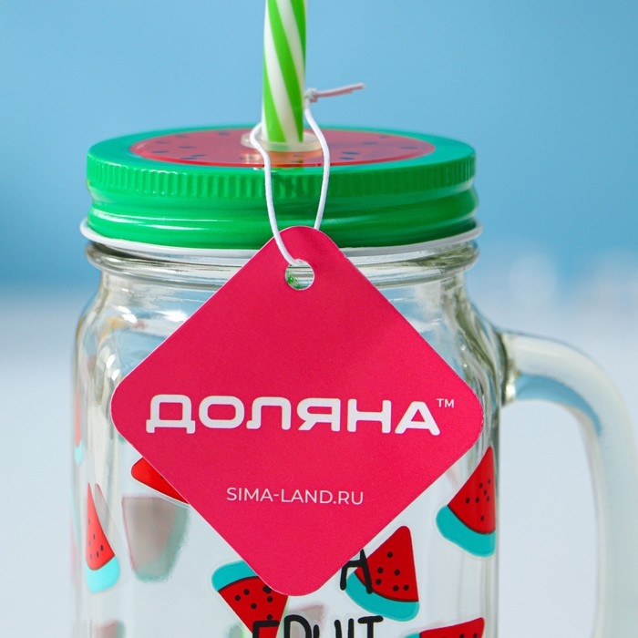 Банка стеклянная с крышкой и трубочкой Доляна &laquo;Счастливый день&raquo;, 450 мл, 10,5&times;7,5&times;13 см, цвет МИКС
