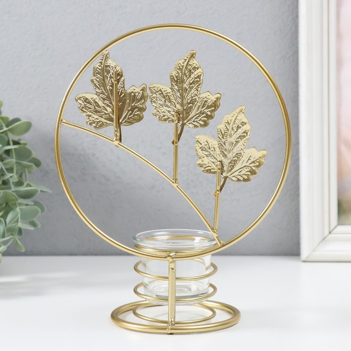 Подсвечник металл на 1 свечу "Кленовые листья в круге" d=4,5 см золото 16х9,5х21 см