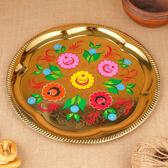 Набор &laquo;Цветы на золотом&raquo;, жёлудь, 3 предмета, самовар 3 л, заварочный чайник 0,7 л, поднос