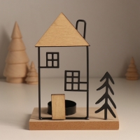 Подсвечник металл, дерево на 1 свечу "Ёлочка у домика с трубой" d=4 см 7,5х12х15,5 см