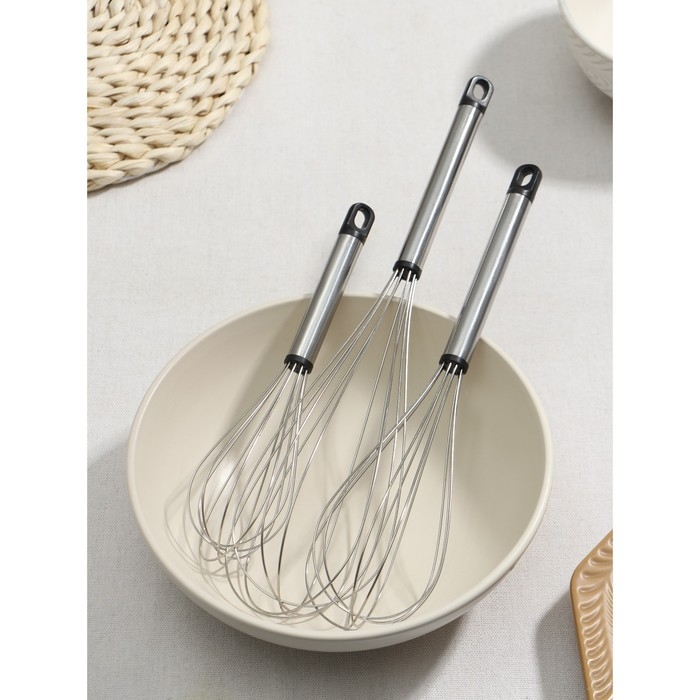 Набор венчиков для взбивания Доляна &laquo;Помощник&raquo;, 3 шт: 19 см, 24 см, 29 см, цвет серебристый
