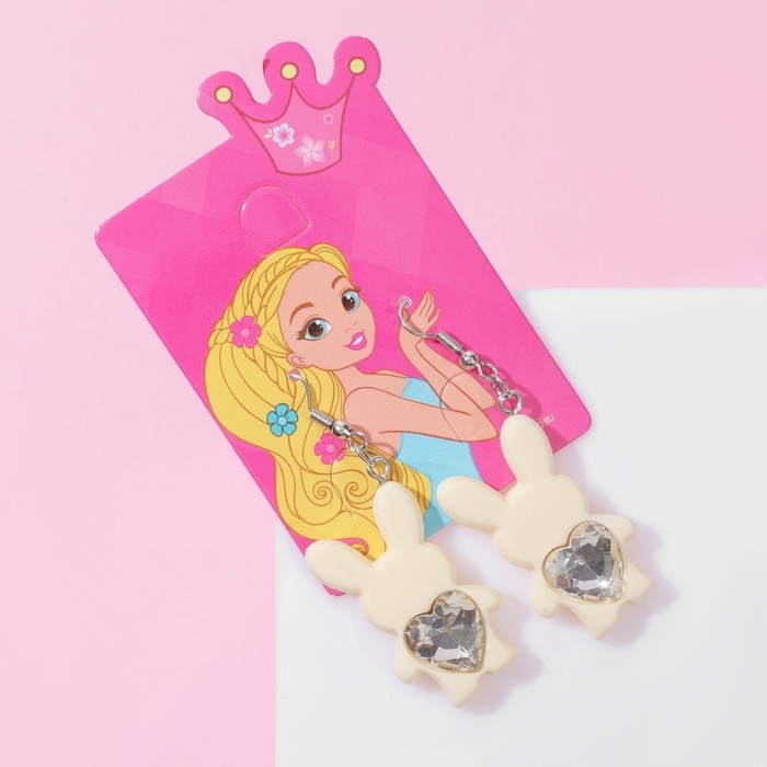 Серьги детские &laquo;Выбражулька&raquo; зайчик с сердечком, цвет бело-бежевый