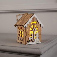 Ёлочная игрушка «Домик с оленем и снеговиком», от батареек, свечение тёплое белое Ёлочная игрушка «Домик с оленем и снеговиком», от батареек, свечение тёплое белое