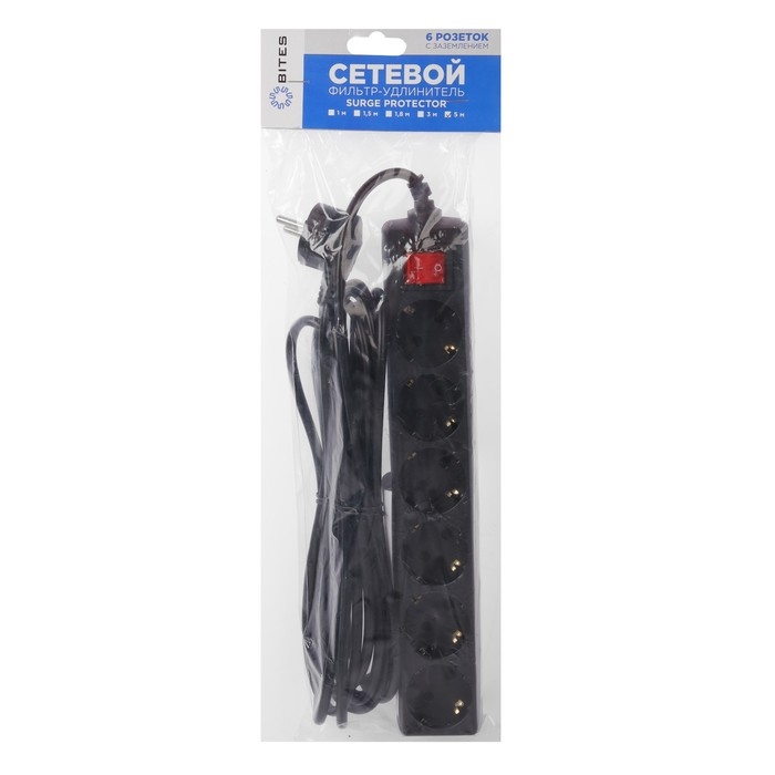 Сетевой фильтр 5bites SP6B-250 6S, 6 розеток, 5 м, 10 А, 3х0.75 мм2, с з/к, с выкл., черный