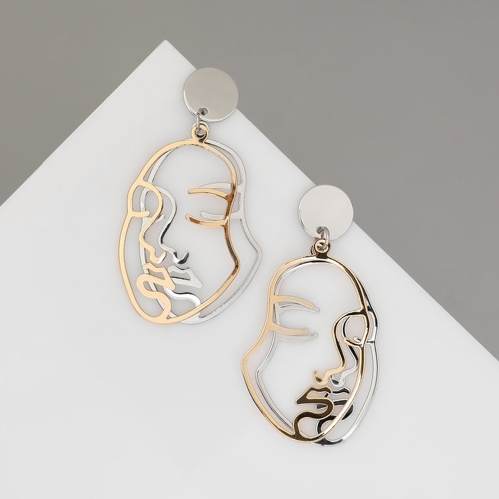 Серьги металл &laquo;Лица&raquo; раздвоение, цвет серебряно-золотой
