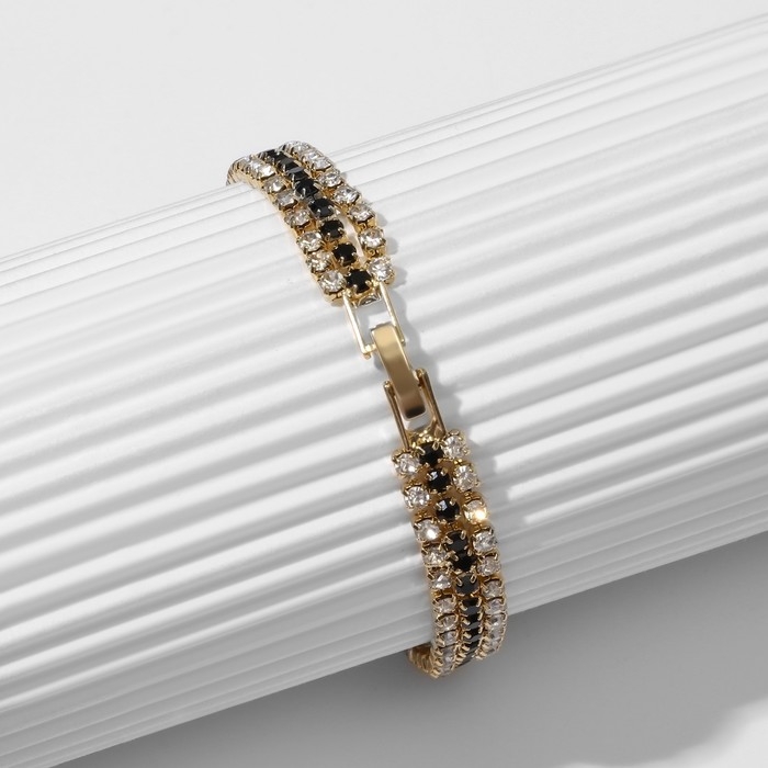 Браслет со стразами &laquo;Лёд&raquo; элегантность, строчки, цвет бело-чёрный в золоте, L=18 см