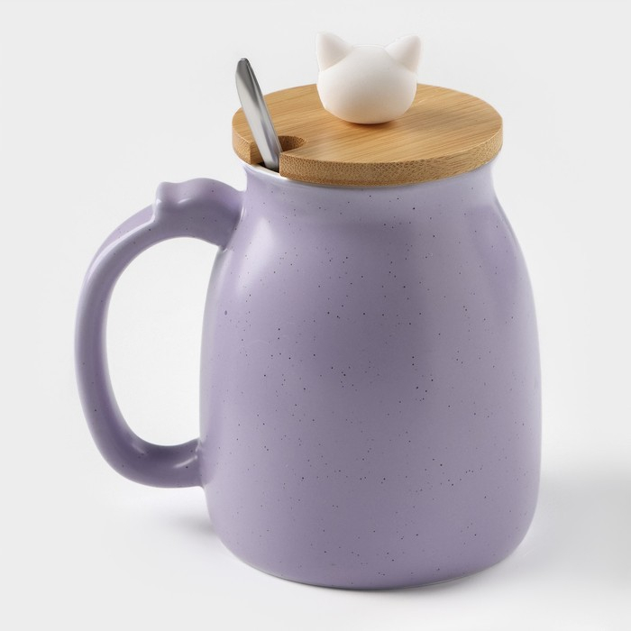 Кружка керамическая с деревянной крышкой и ложкой &laquo;Котик&raquo;, 500 мл, цвет и рисунок МИКС