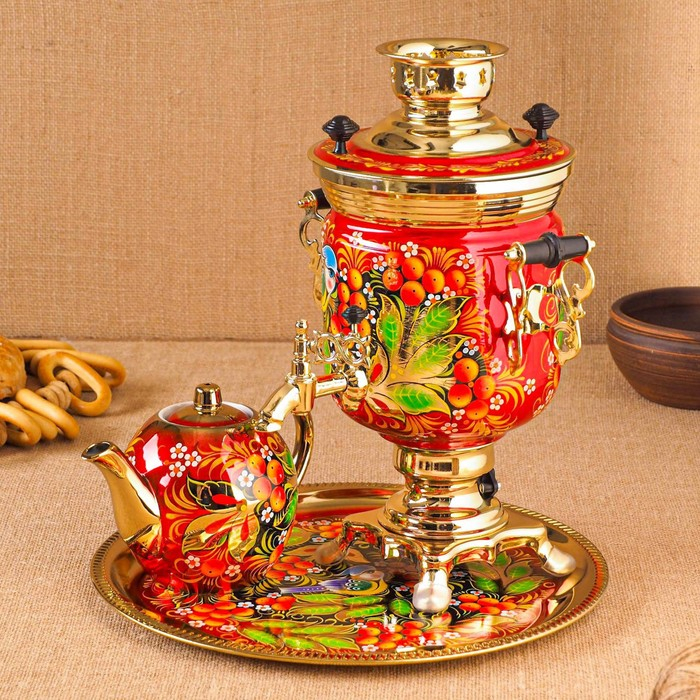 Набор &laquo;Рябина&raquo;, 3 предмета, самовар 3 л, заварочный чайник 0,7 л, поднос